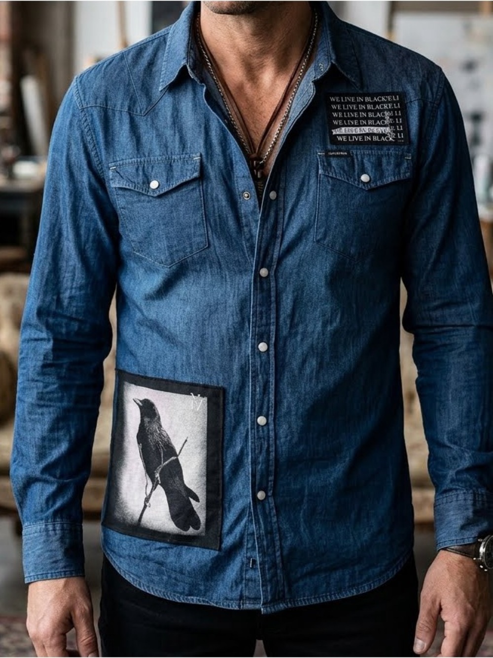 Religion Denim Button-Up Shirt with Raven Patch